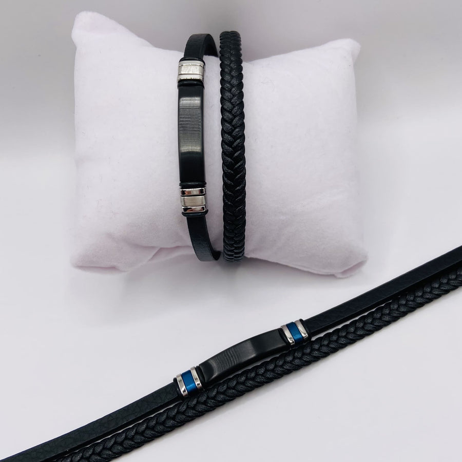 BRACELET Homme en Cuir Noir et Acier Inoxydable - Élégance et Style Intemporel