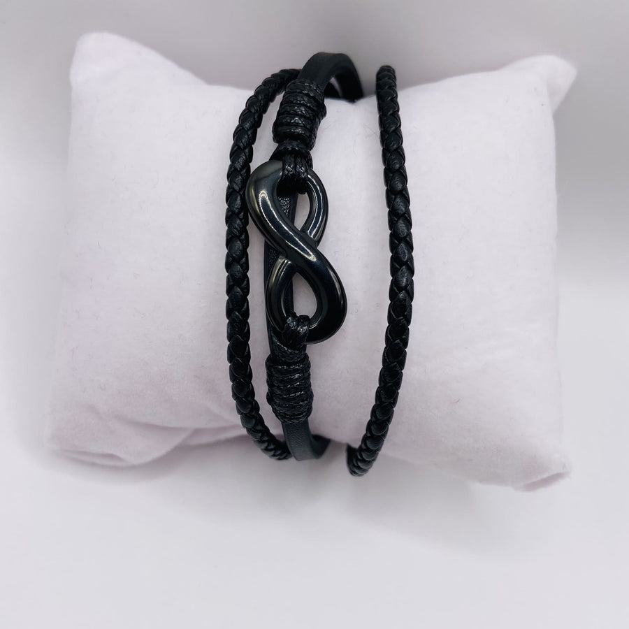 BRACELET en Cuir Noir avec Symbole Infini en Acier Inoxydable