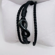 BRACELET en Cuir Noir avec Symbole Infini en Acier Inoxydable