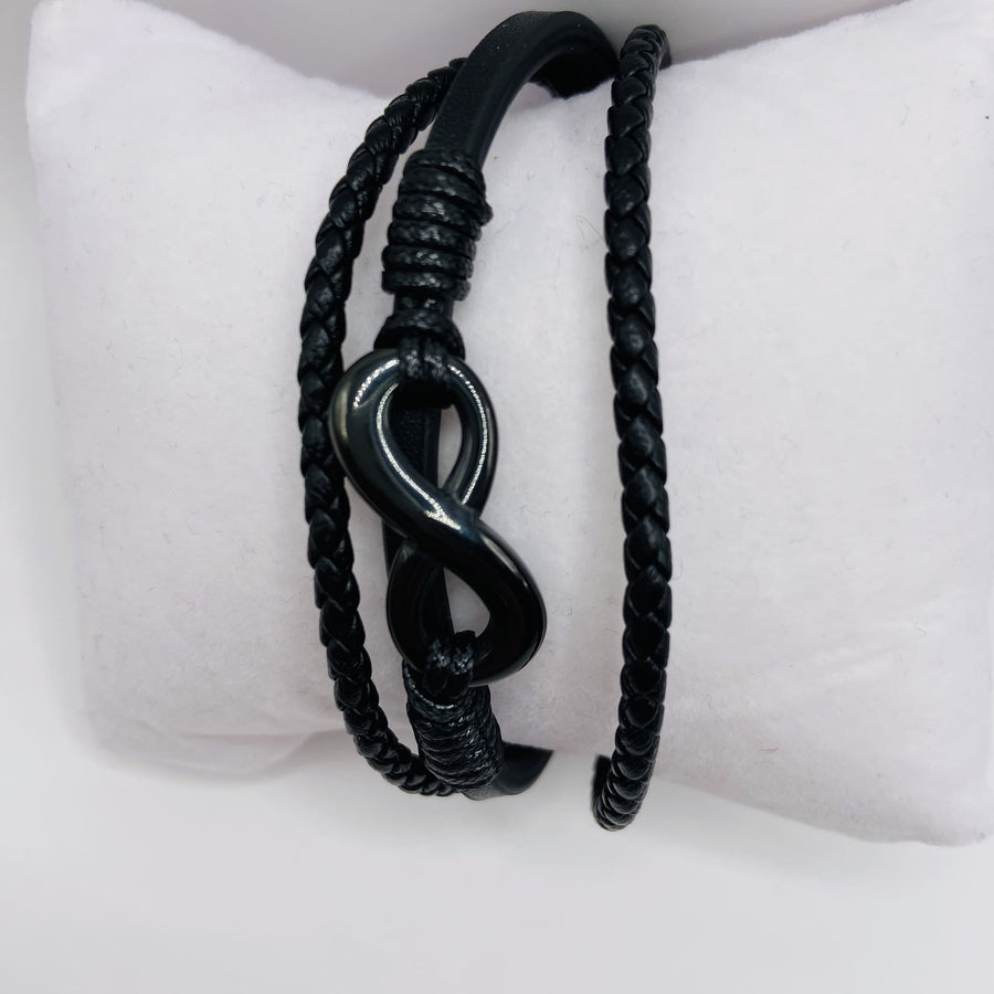 BRACELET en Cuir Noir avec Symbole Infini en Acier Inoxydable