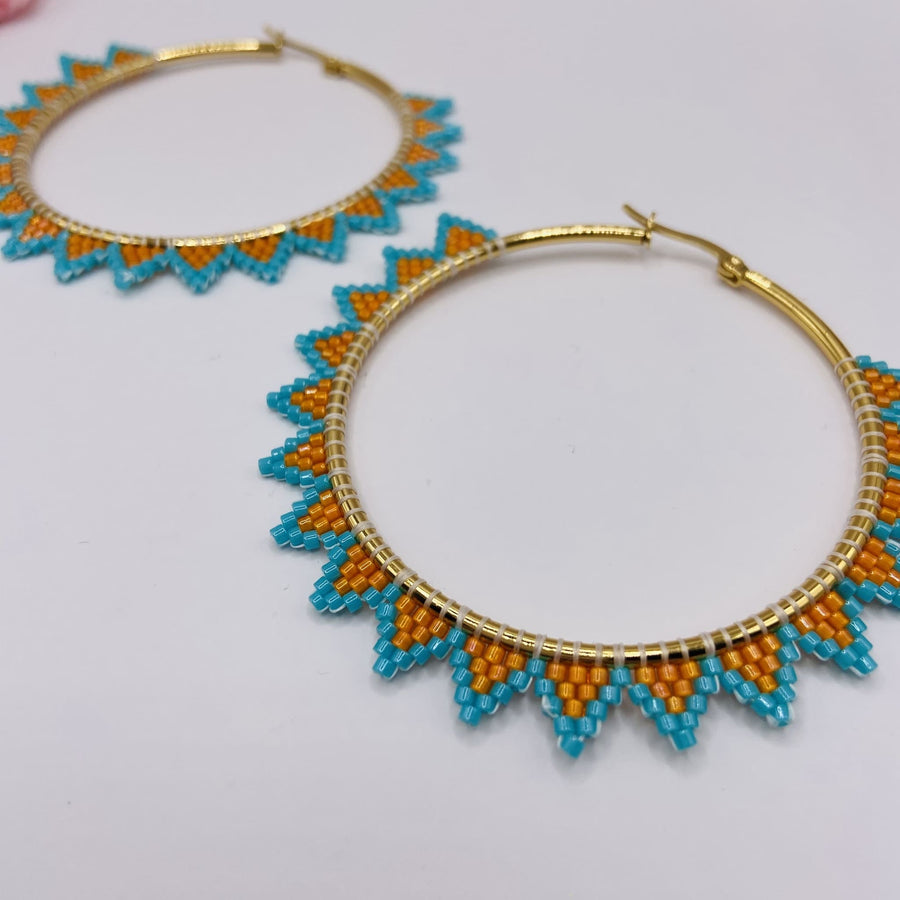 Créoles dorées artisanales - Perles Miyuki turquoise et orange