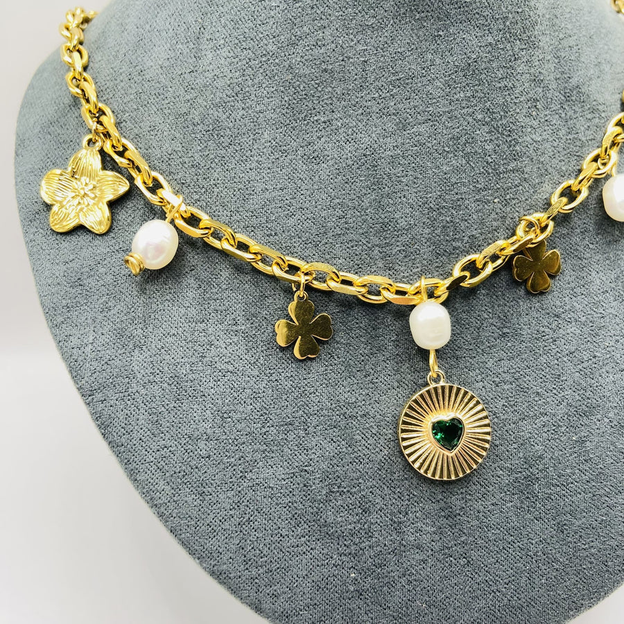 Collier Charmes Multicolore en Acier Inoxydable Doré à l'Or Fin