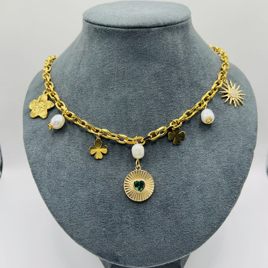 Collier Charmes Multicolore en Acier Inoxydable Doré à l'Or Fin