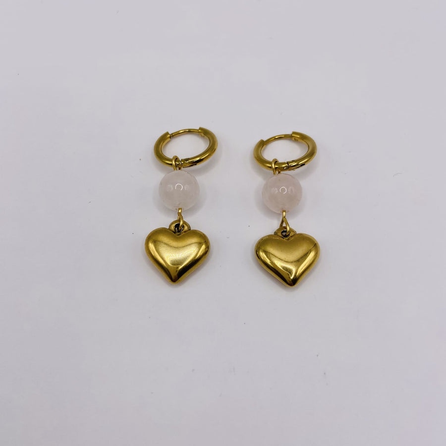 Boucles d’oreilles cœurs dorés – Acier inoxydable & quartz rose